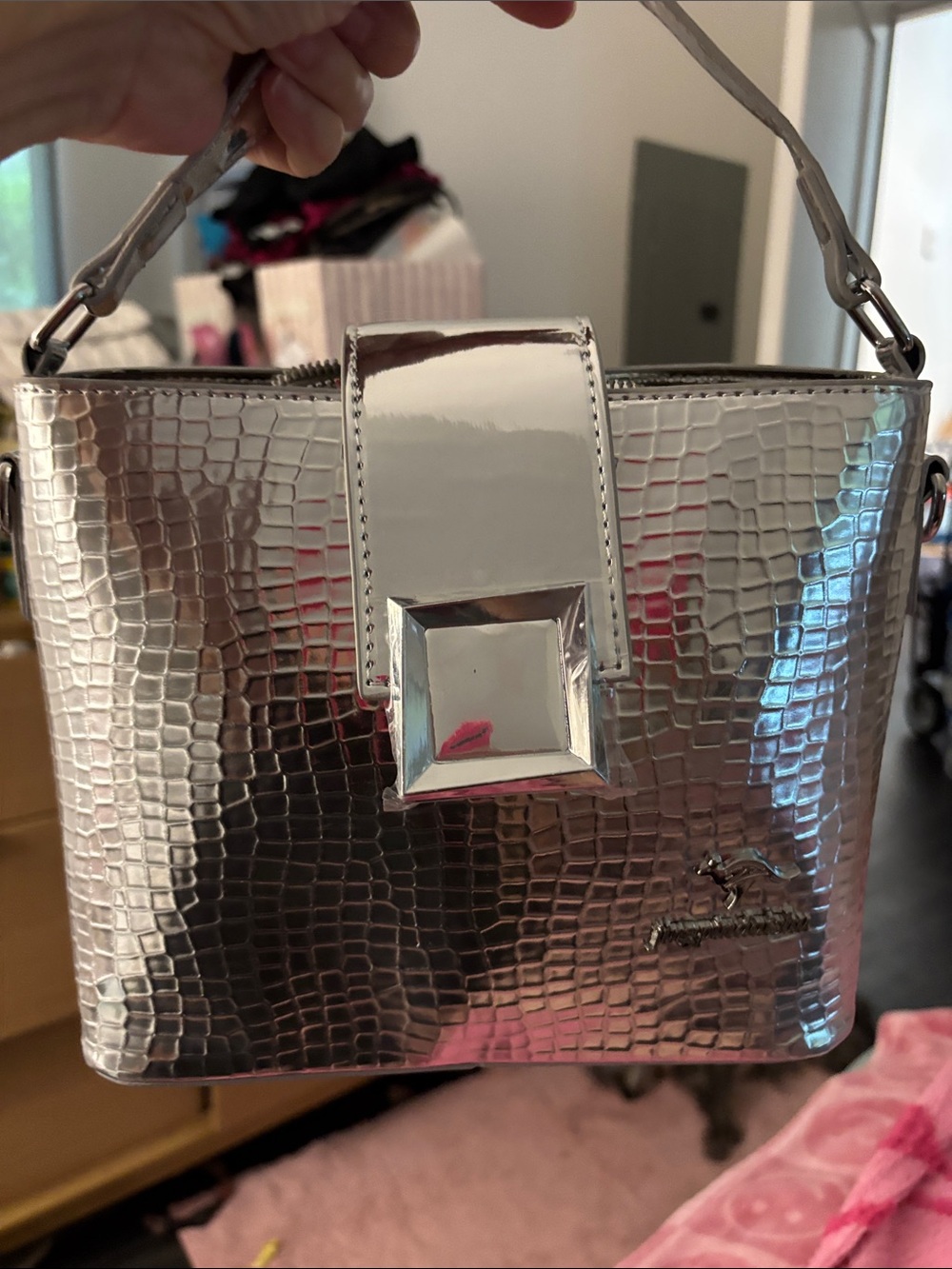 Croc-Embossed Metallic Mini Top-Handle Bag in Silver